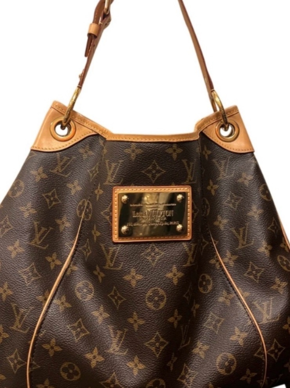 Louis Vuitton Monogram Canvas Shoulder Bag with Tan Trim and Gold Plaque
